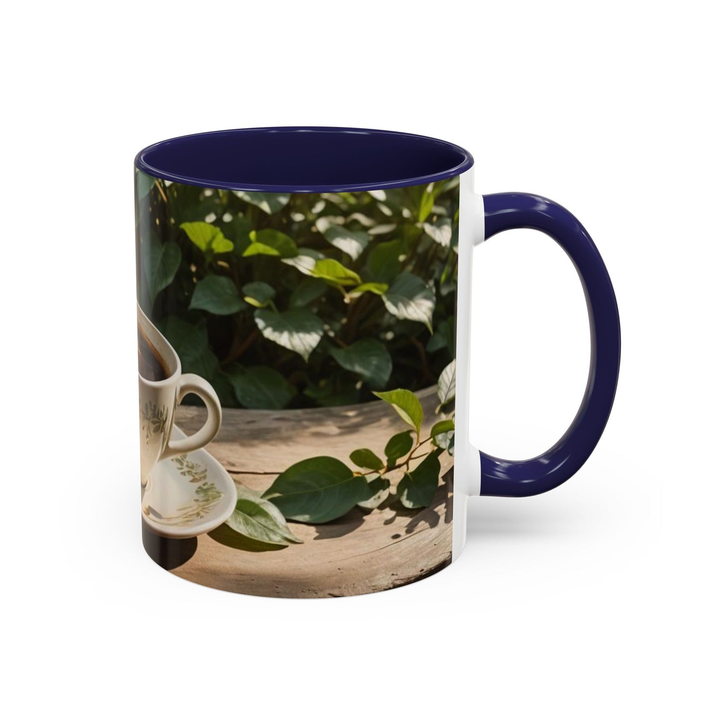 Mug with cup design on the garden  table