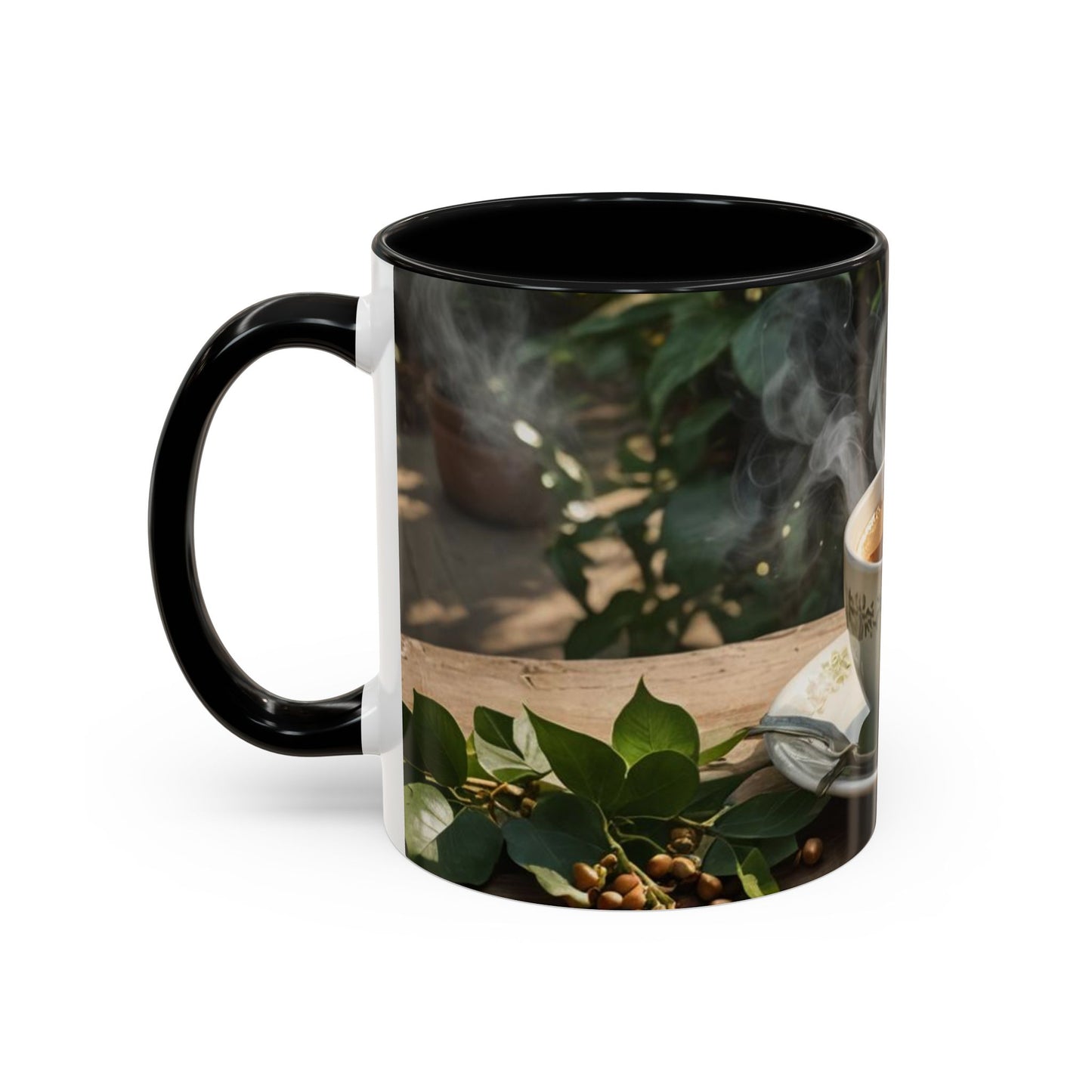 Mug with cup design on the garden  table