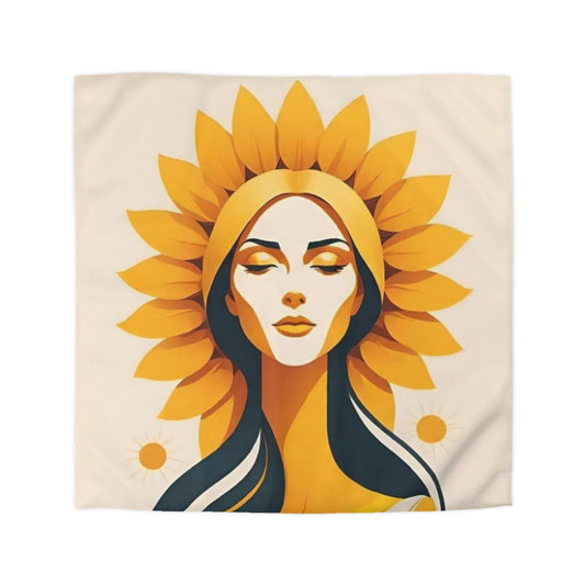 A blanket with a  woman's design of the sun