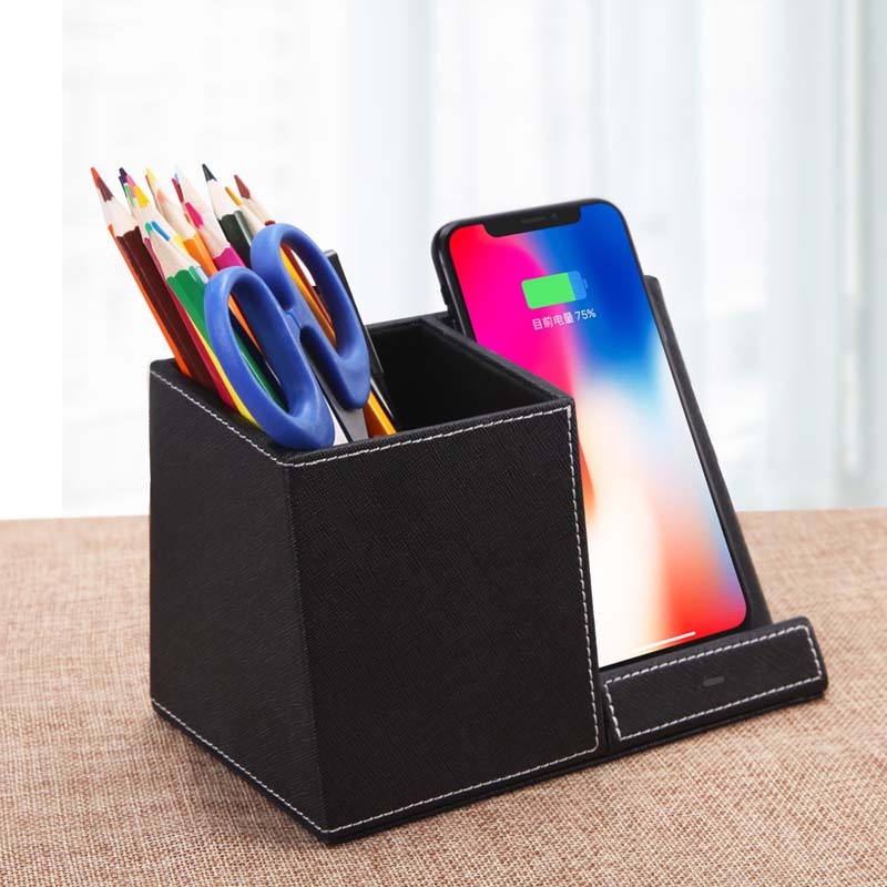 Leather Pen Holder Wireless Charger â€“ Fast Charging Phone Stand and Organizer - OptiChoice