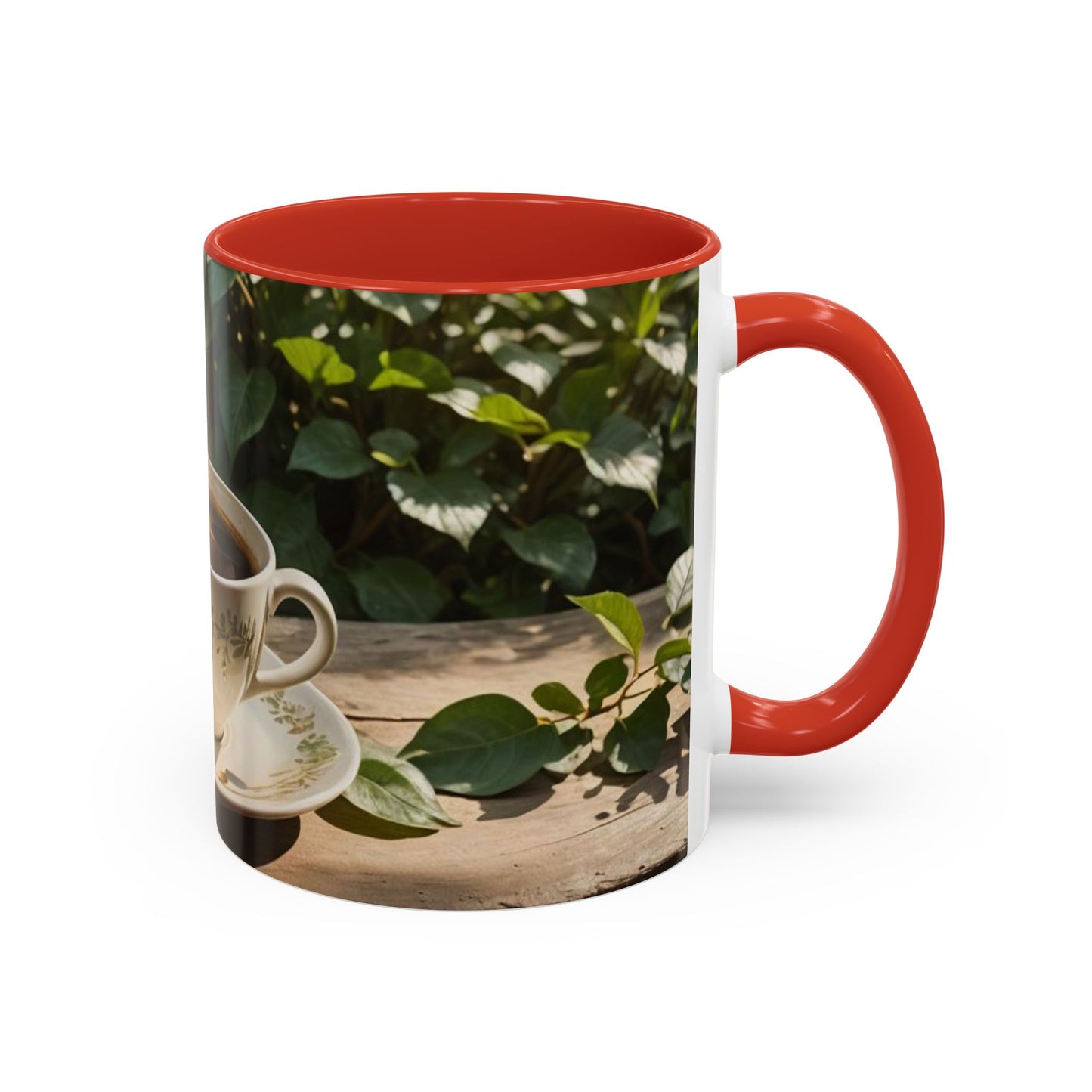 Mug with cup design on the garden  table