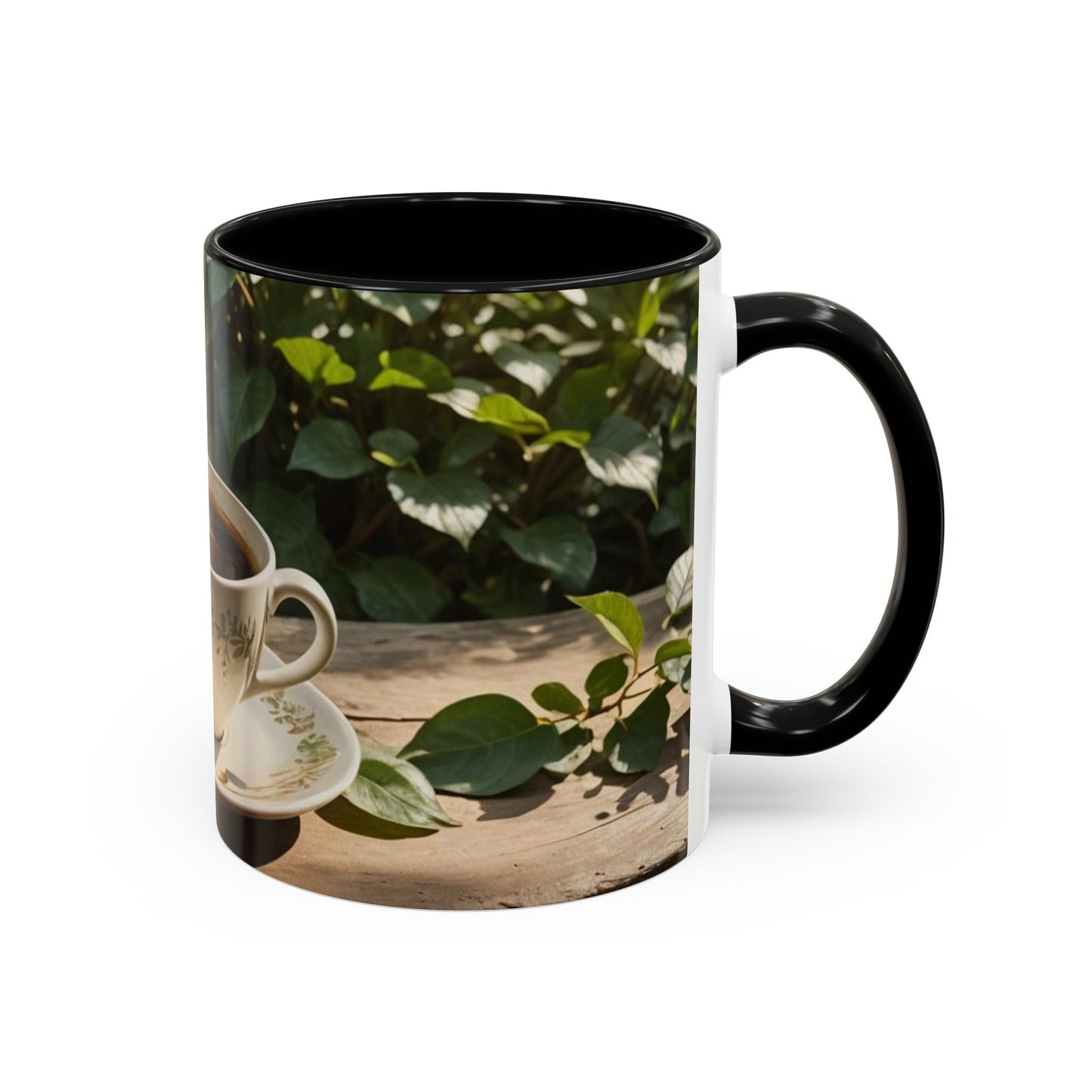 Mug with cup design on the garden  table