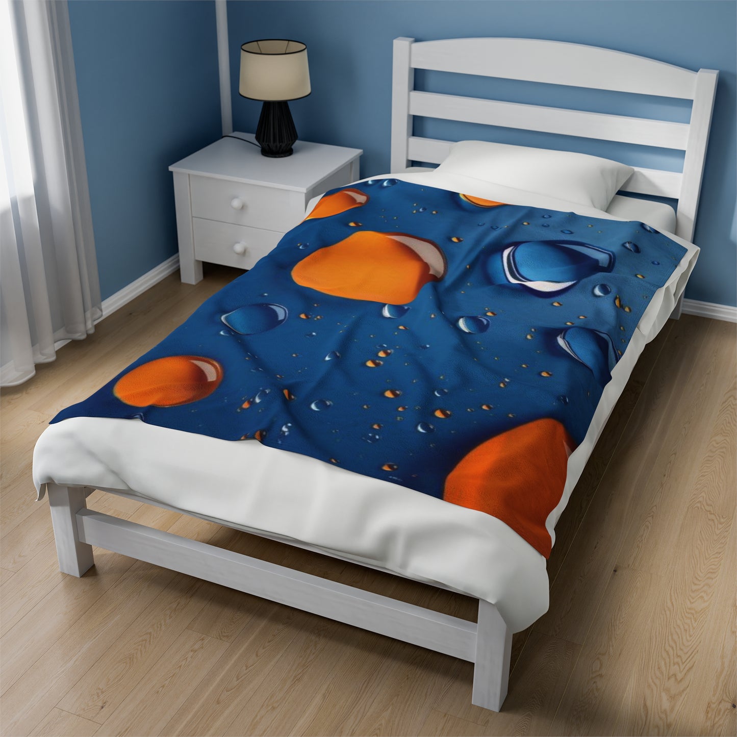 Velveteen Plush Blanket Orange and blue bubbles