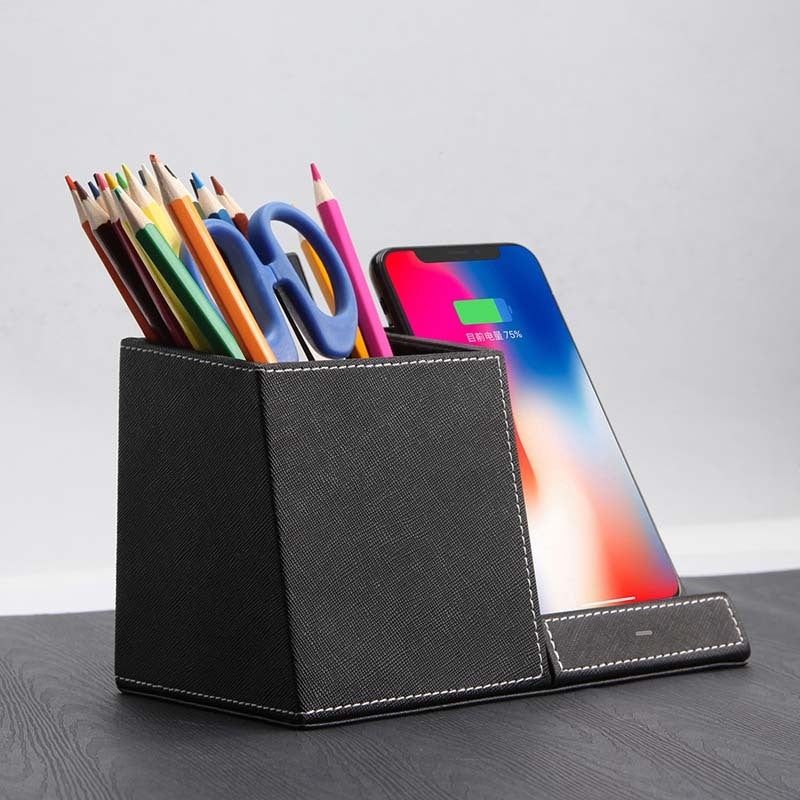 Leather Pen Holder Wireless Charger â€“ Fast Charging Phone Stand and Organizer - OptiChoice