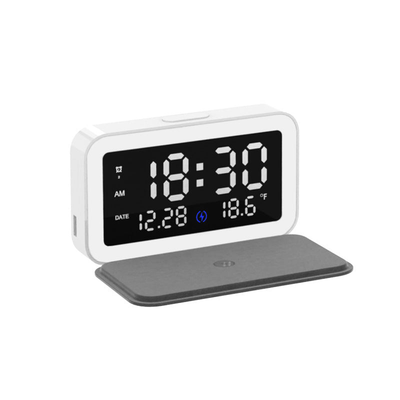 6-in-1 Wireless Charging Alarm Clock with Digital Thermometer, LED Night Light, and 15W Fast Charger