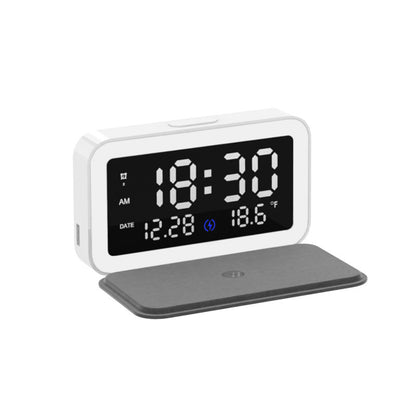 6-in-1 Wireless Charging Alarm Clock with Digital Thermometer, LED Night Light, and 15W Fast Charger