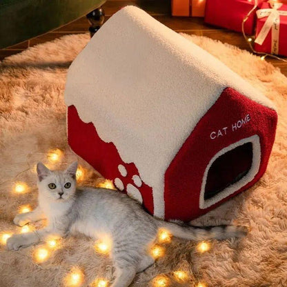 Kerst Winter Warm Huisdier Huis – Gezellig Spons Bed voor Katten