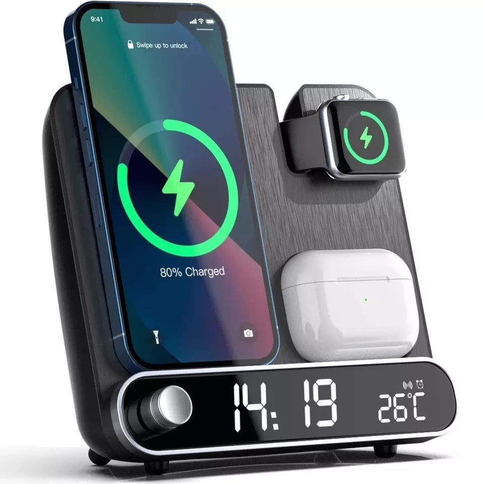 3-in-1 Alarm Clock with Wireless Charging - Charge Your Phone, Watch, and Earphones - OptiChoice