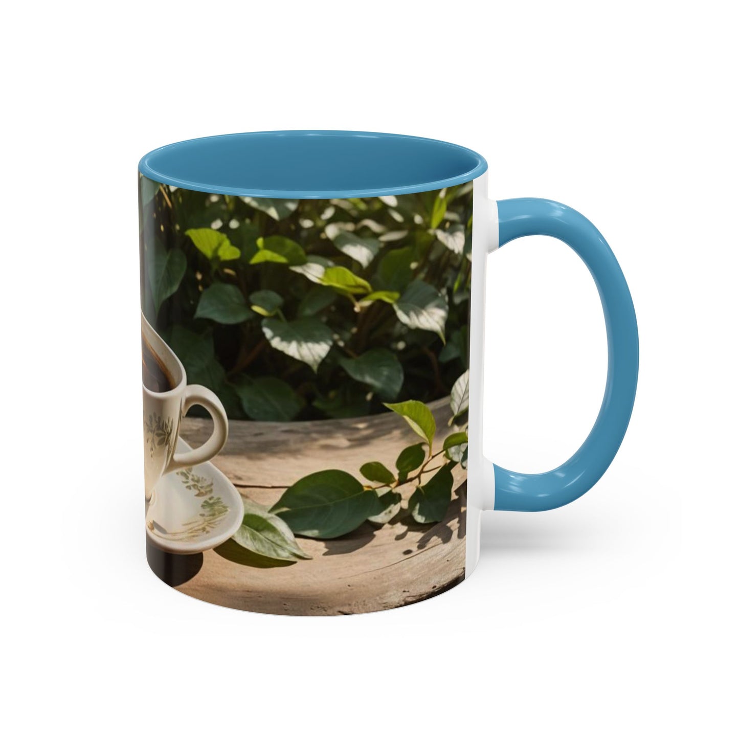 Mug with cup design on the garden  table