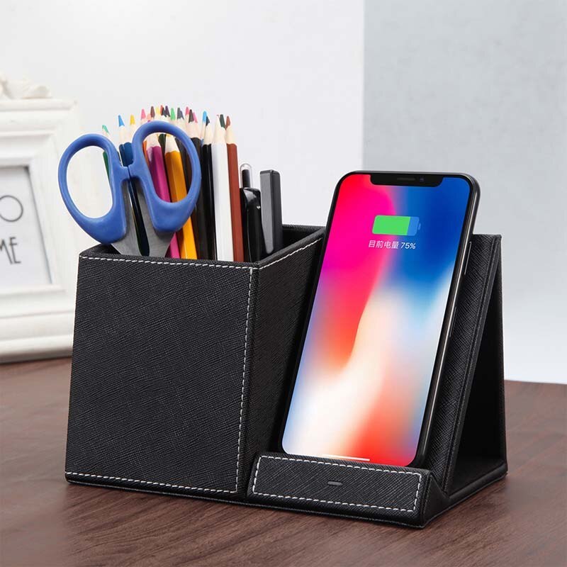 Leather Pen Holder Wireless Charger â€“ Fast Charging Phone Stand and Organizer - OptiChoice