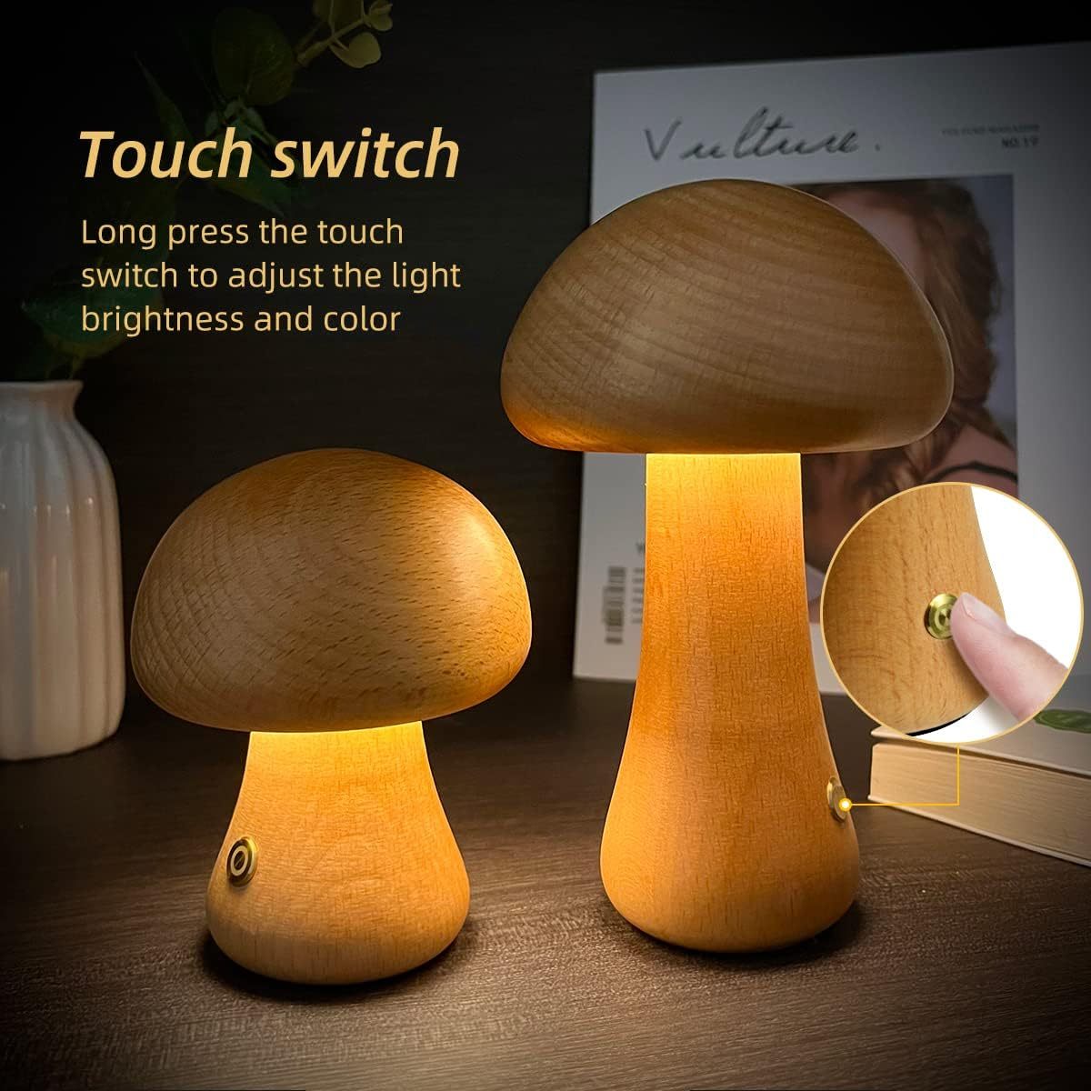 Wooden Cute Mushroom LED Night Light with Touch Switch