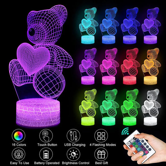 3D Teddy Bear Lamp - USB LED Night Light for Christmas and Birthday Decorations - OptiChoice