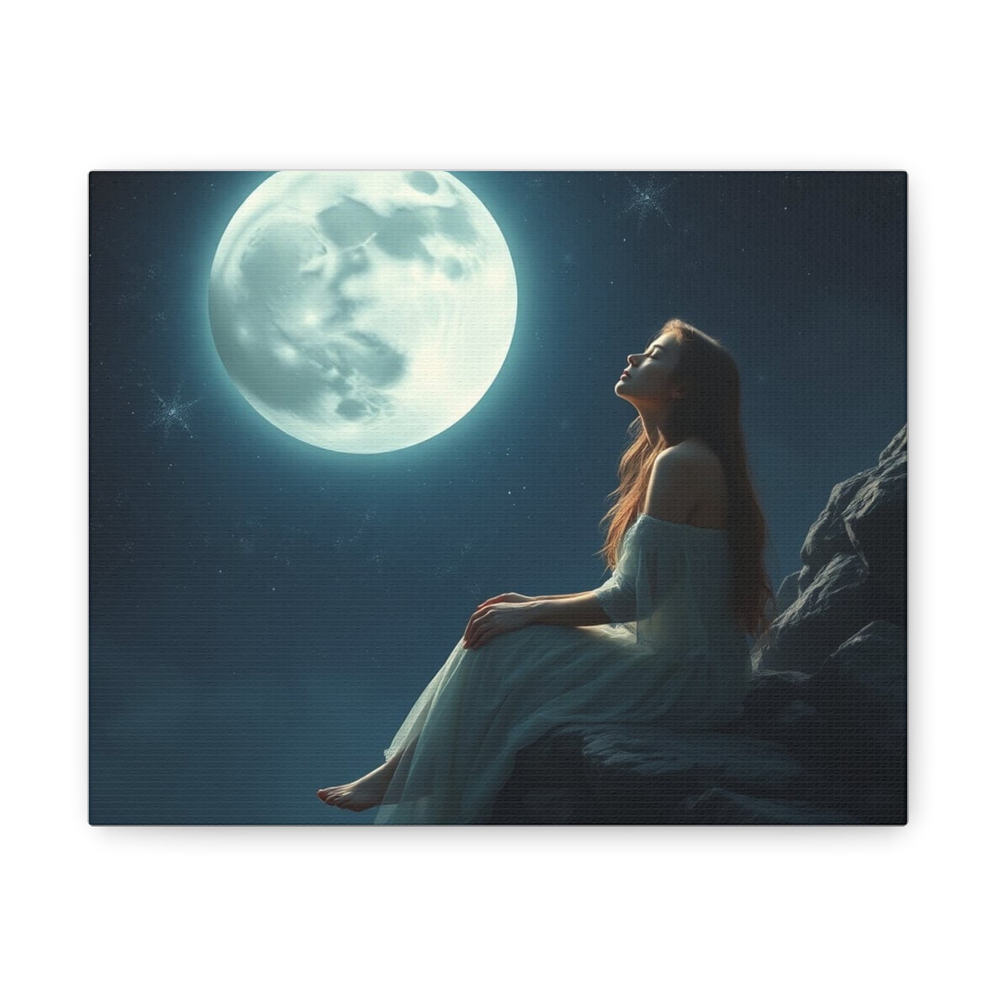 painting with the sesign of a girl facing the moon