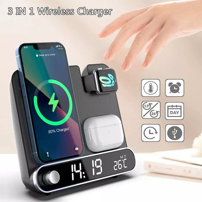 3-in-1 Alarm Clock with Wireless Charging - Charge Your Phone, Watch, and Earphones - OptiChoice