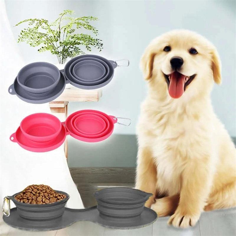 Pet Outdoor Folding Double Bowl â€“ Collapsible Silicone Food and Water Bowls with Non-Skid Mat - OptiChoice