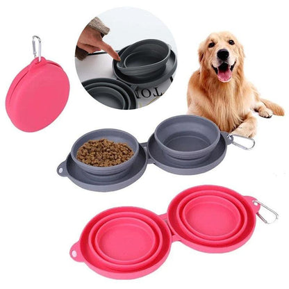 Pet Outdoor Folding Double Bowl â€“ Collapsible Silicone Food and Water Bowls with Non-Skid Mat - OptiChoice