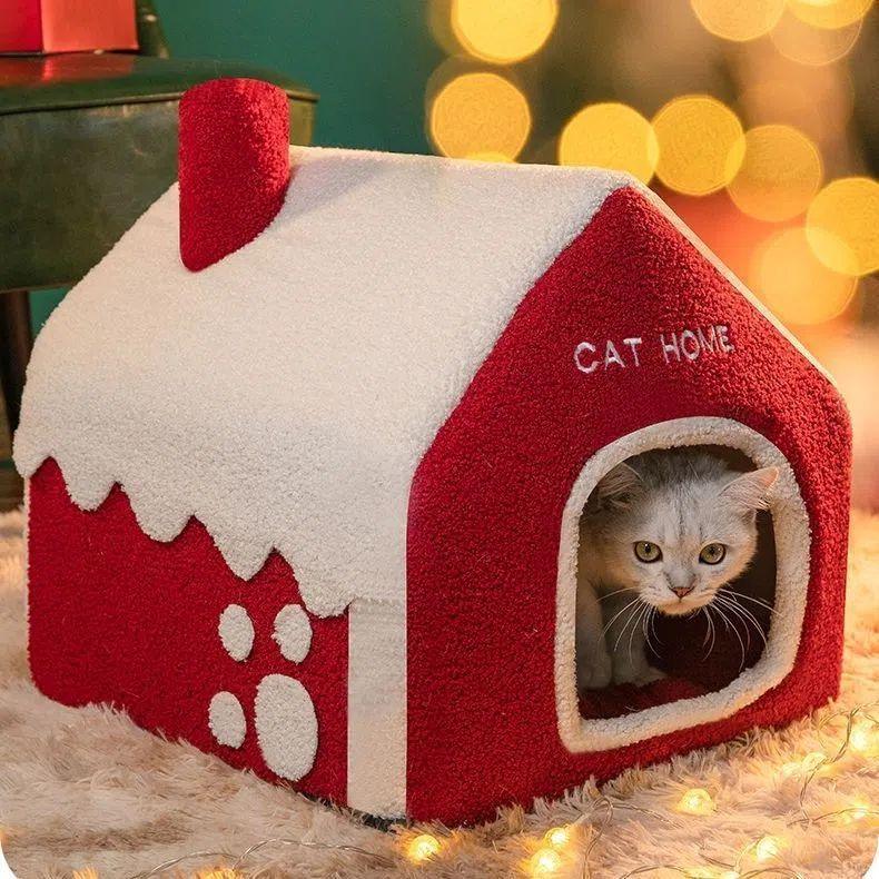 Kerst Winter Warm Huisdier Huis – Gezellig Spons Bed voor Katten