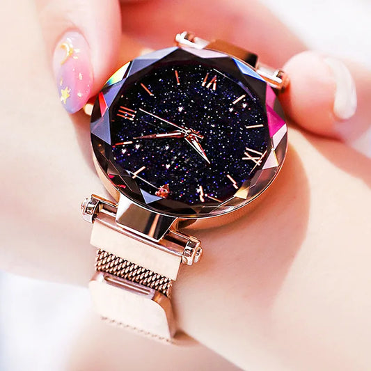 "Women's Starry Sky Watch – Magnetic Mesh Strap, Diamond Accent Quartz Dress Watch"