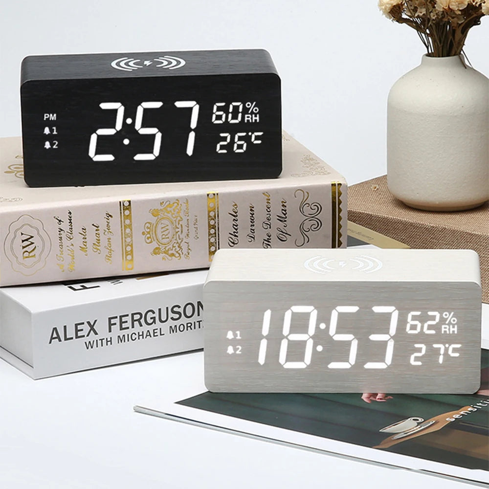 Multifunctional Wooden Desk Clock | Wireless Charger | Temperature Monitor | LED Light | Perpetual Calendar