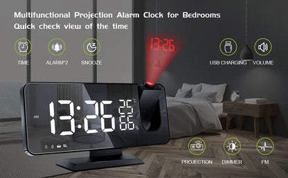 Digital Alarm Clock with Projection | LED Display | FM Radio | Temperature | Humidity | Adjustable Brightness