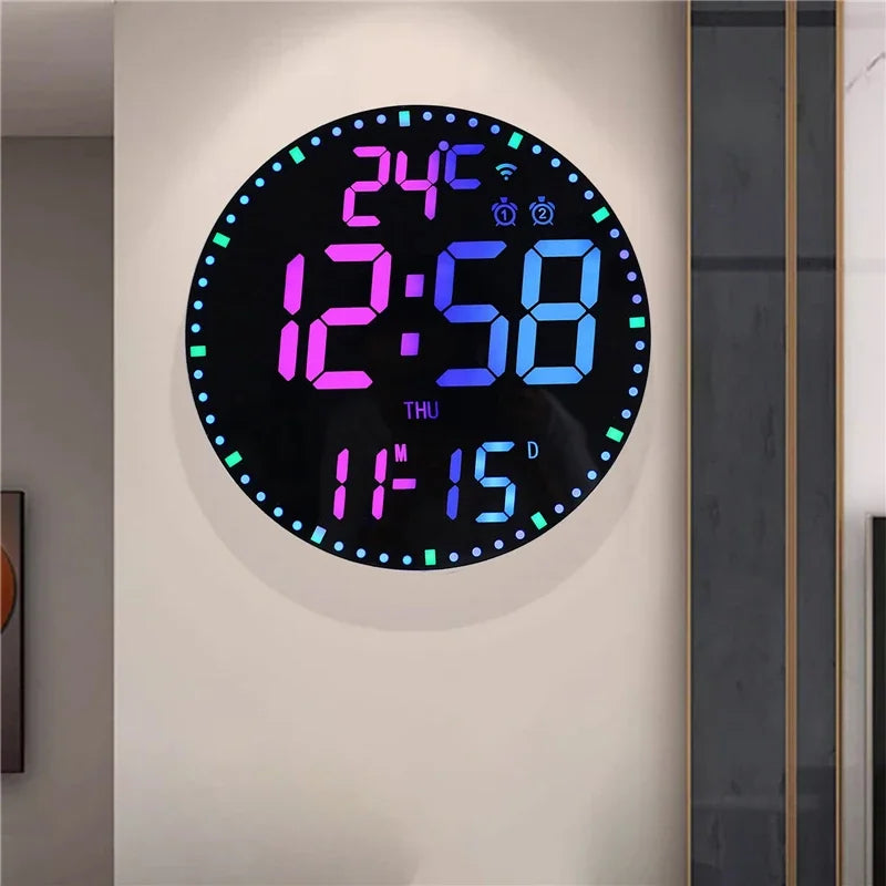 "RGB LED Digital Wall Clock – WiFi App Control, Temperature & Date Display, Smart Alarm Clock"