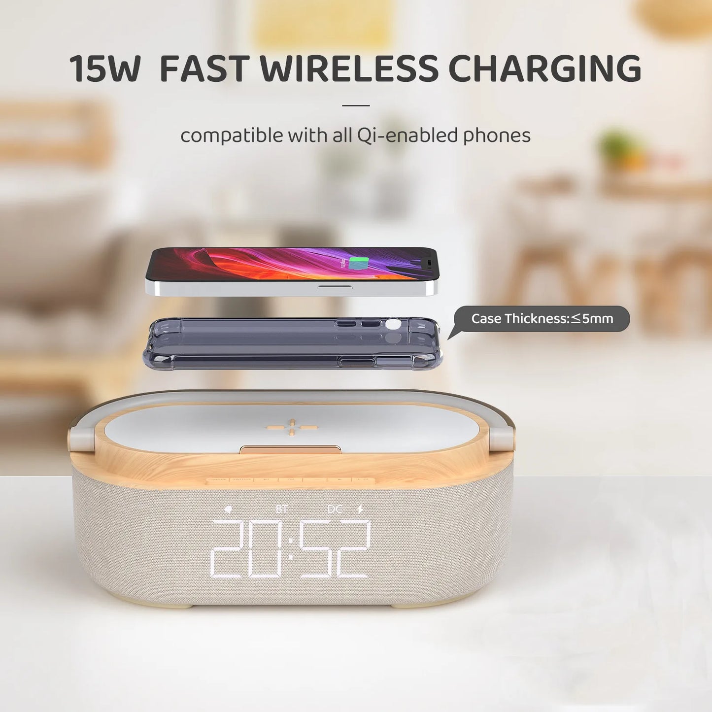 Wireless Charging Station with FM Radio | Bluetooth Speaker | Digital Display | Home Decor