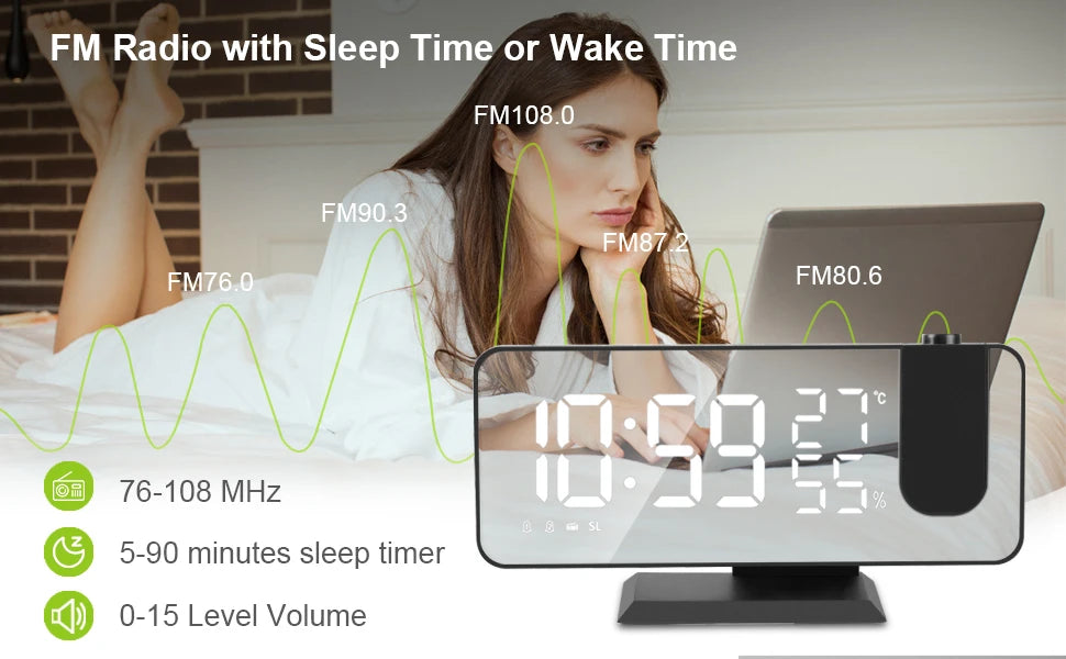 Digital Alarm Clock with Projection | LED Display | FM Radio | Temperature | Humidity | Adjustable Brightness