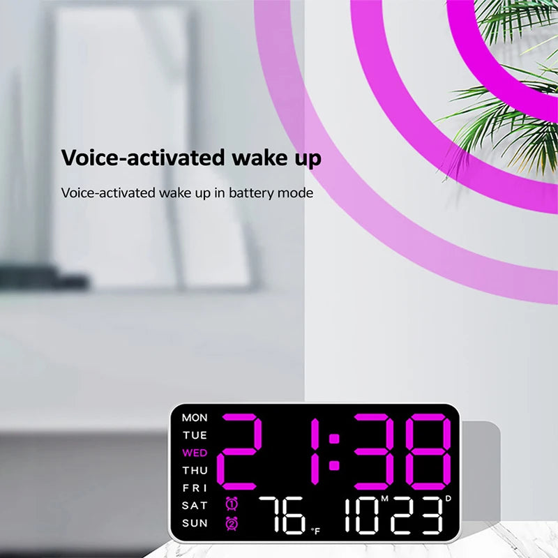 Voice-Activated Digital Wall Clock | Dual Alarms | Temperature Display | Customizable Colors | Bedroom Decor