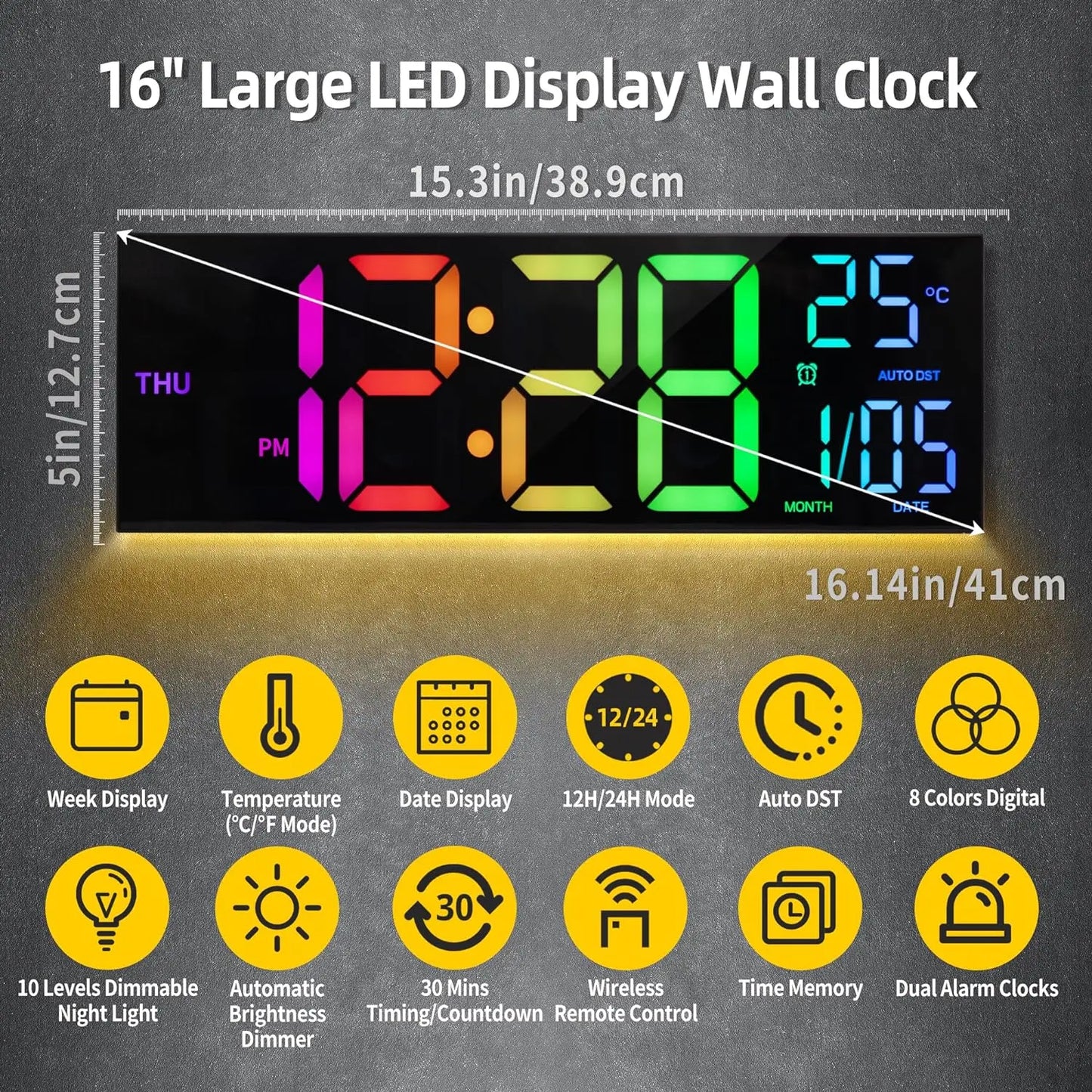 8 Colors Digital Wall Clock | Large LED Display | Temperature | Date | Auto DST | Night Light | Adjustable Brightness