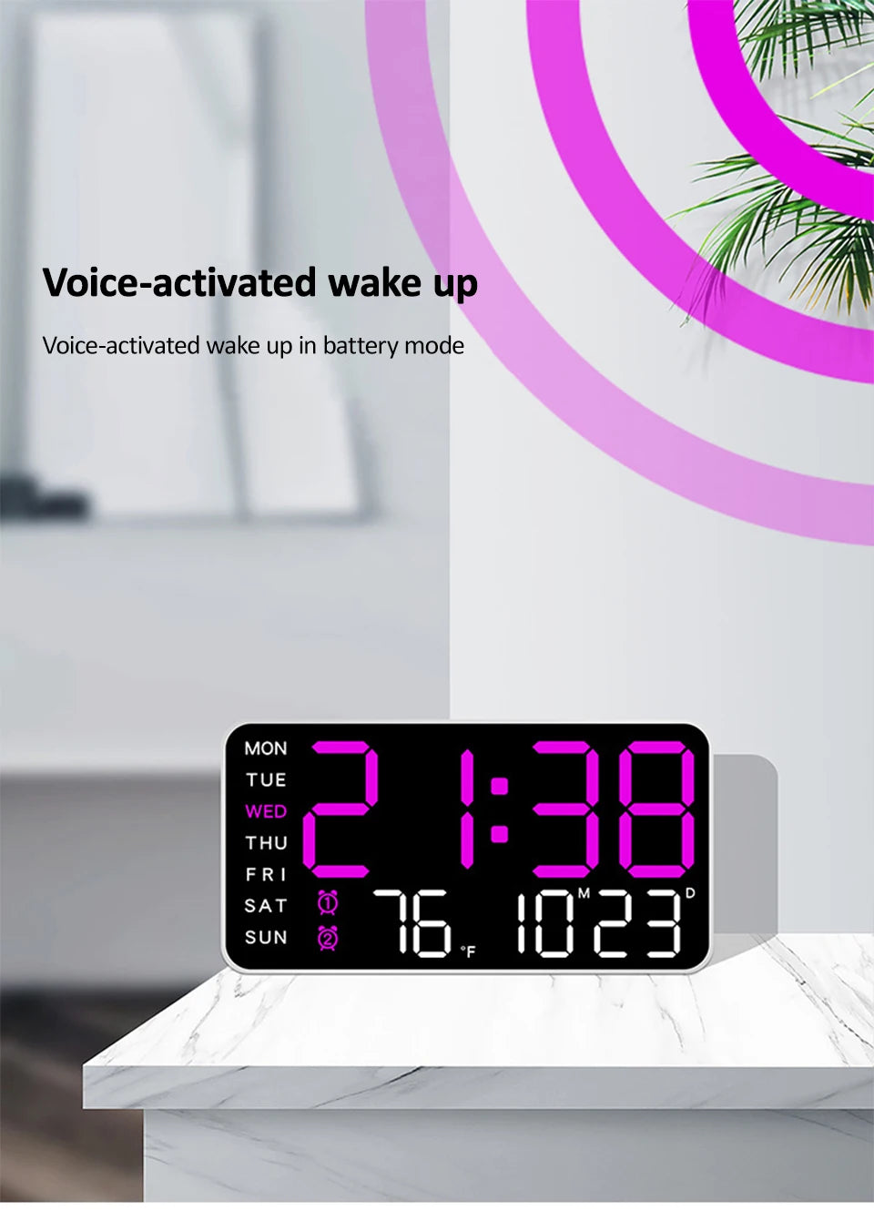 Voice-Activated Digital Wall Clock | Dual Alarms | Temperature Display | Customizable Colors | Bedroom Decor