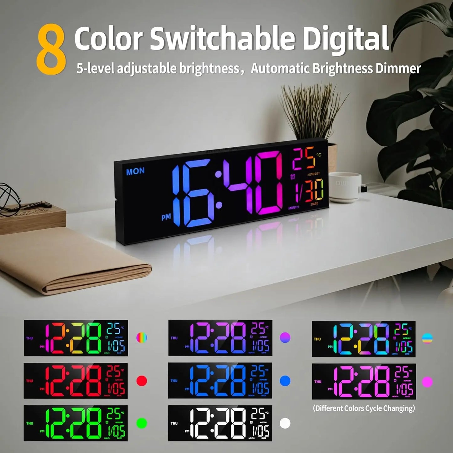 8 Colors Digital Wall Clock | Large LED Display | Temperature | Date | Auto DST | Night Light | Adjustable Brightness