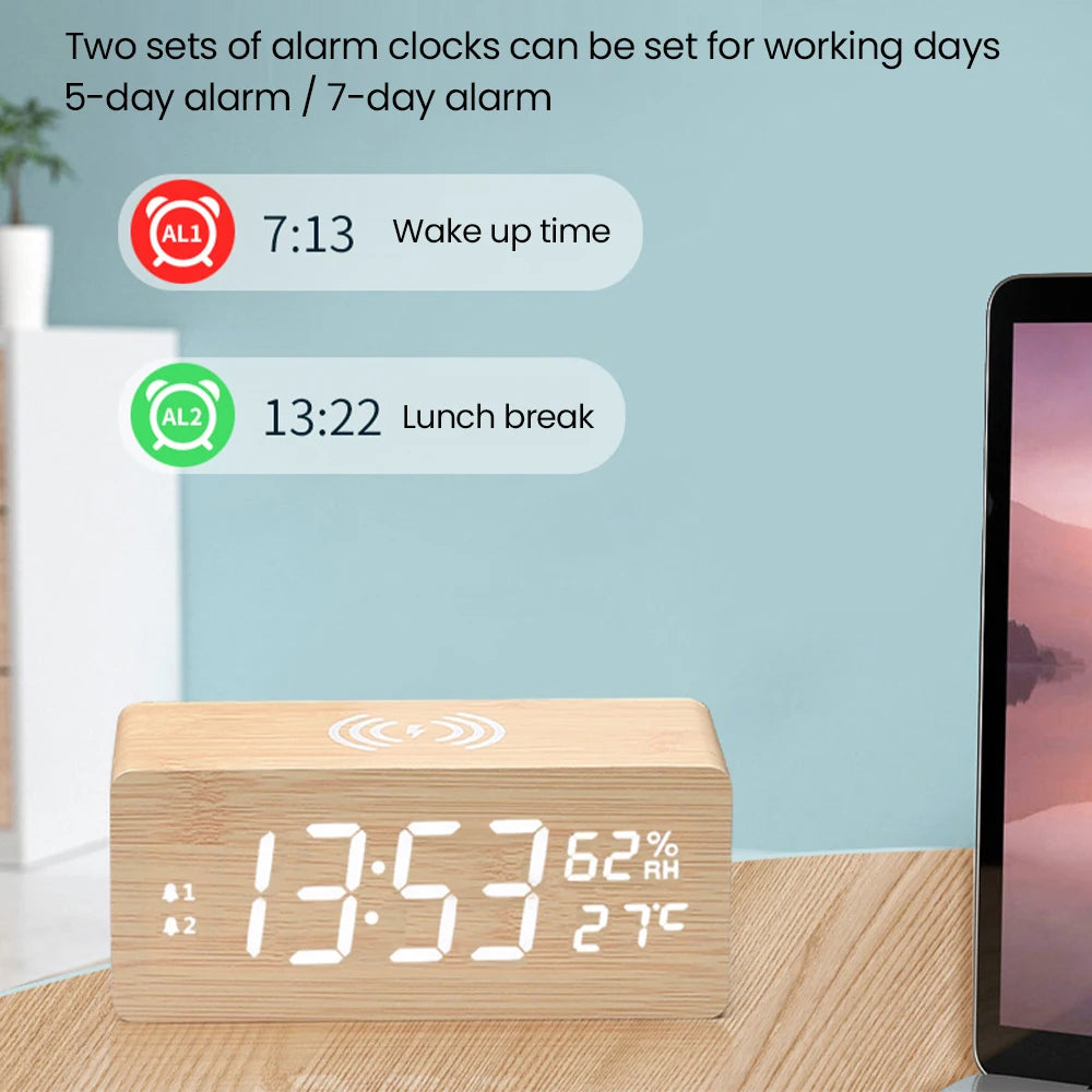 Multifunctional Wooden Desk Clock | Wireless Charger | Temperature Monitor | LED Light | Perpetual Calendar