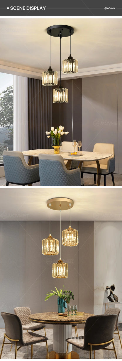 "Crystal LED Pendant Lamp – Gold Glass Chandelier for Dining Room & Living Spaces"