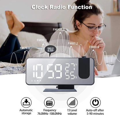 Digital Alarm Clock with Projection | LED Display | FM Radio | Temperature | Humidity | Adjustable Brightness