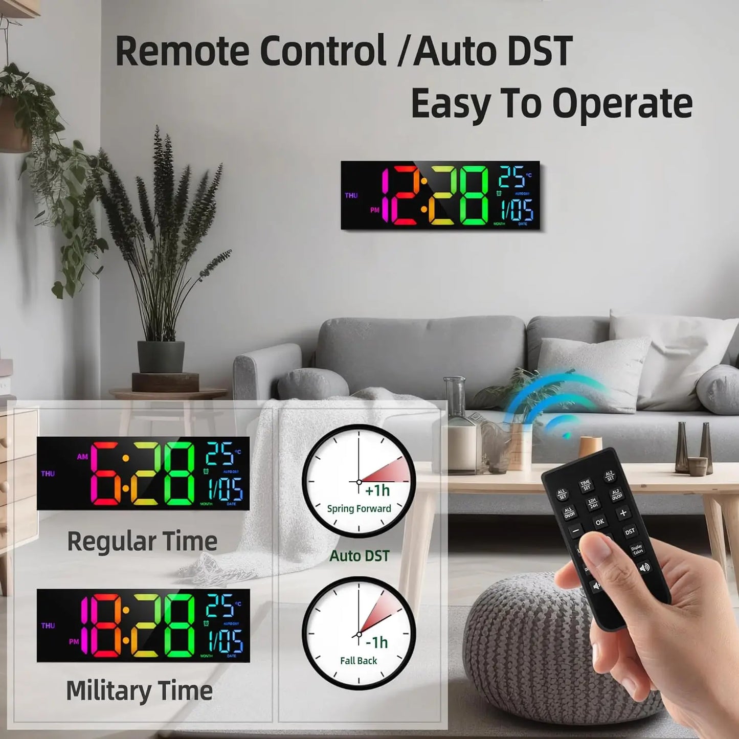 8 Colors Digital Wall Clock | Large LED Display | Temperature | Date | Auto DST | Night Light | Adjustable Brightness