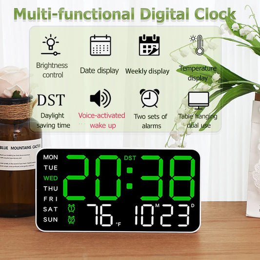 Voice-Activated Digital Wall Clock | Dual Alarms | Temperature Display | Customizable Colors | Bedroom Decor