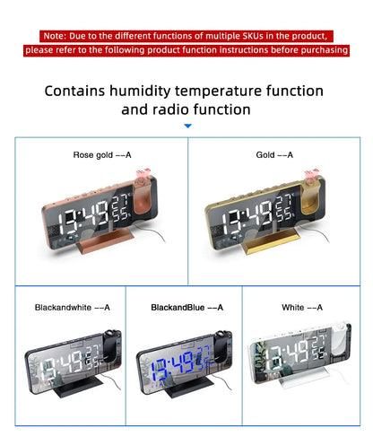 Digital Alarm Clock with Projection | LED Display | FM Radio | Temperature | Humidity | Adjustable Brightness