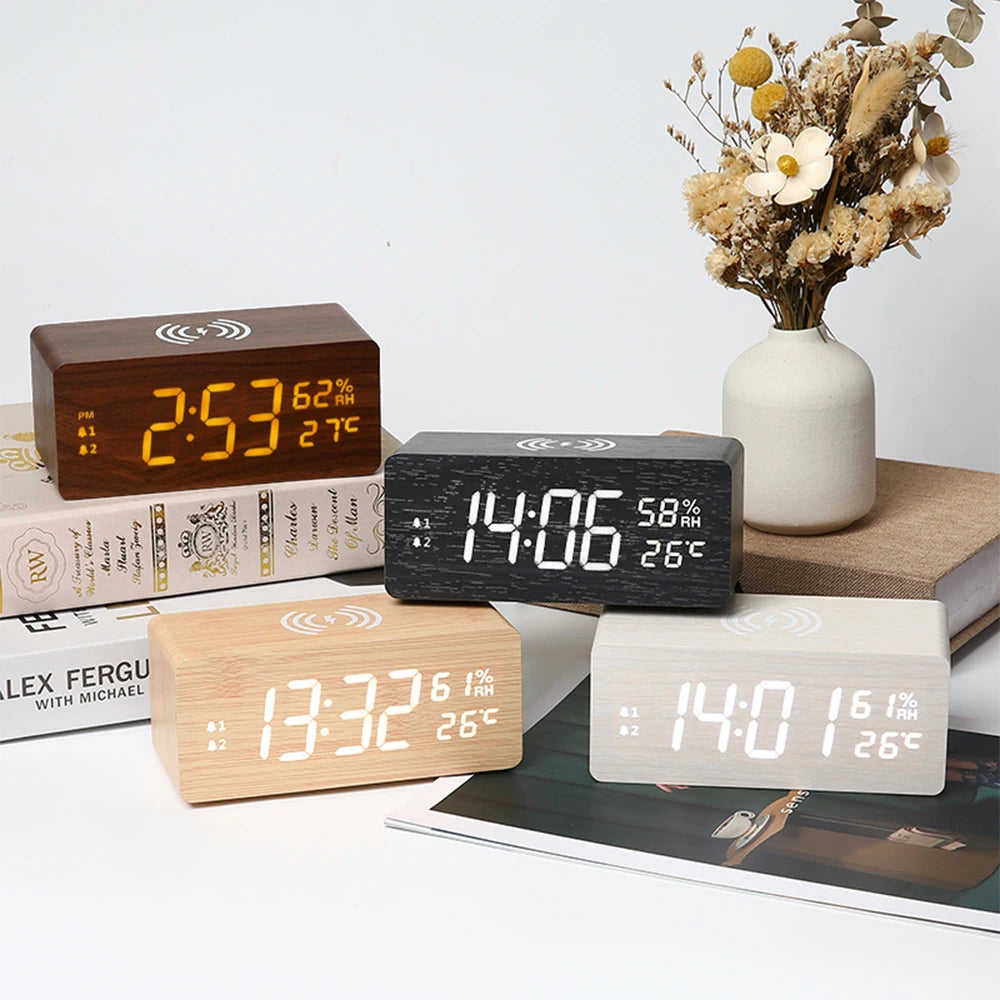 Multifunctional Wooden Desk Clock | Wireless Charger | Temperature Monitor | LED Light | Perpetual Calendar