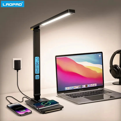 "LAOPAO LED Desk Lamp with 10W Wireless Charger, Night Light, Alarm Clock & Temperature Display"