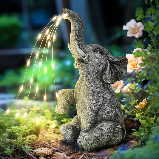 Solar Elephant Statue with String Lights | Outdoor Decor | Garden Sculpture | Lawn Ornament |