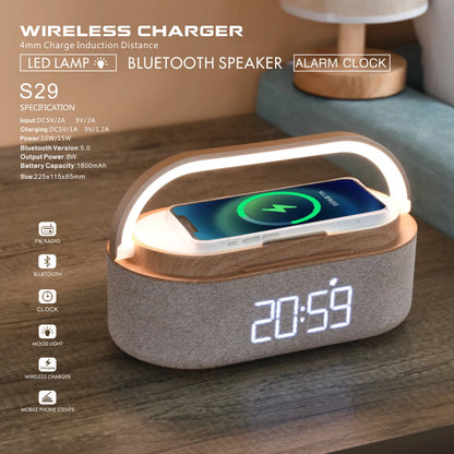 Wireless Charging Station with FM Radio | Bluetooth Speaker | Digital Display | Home Decor