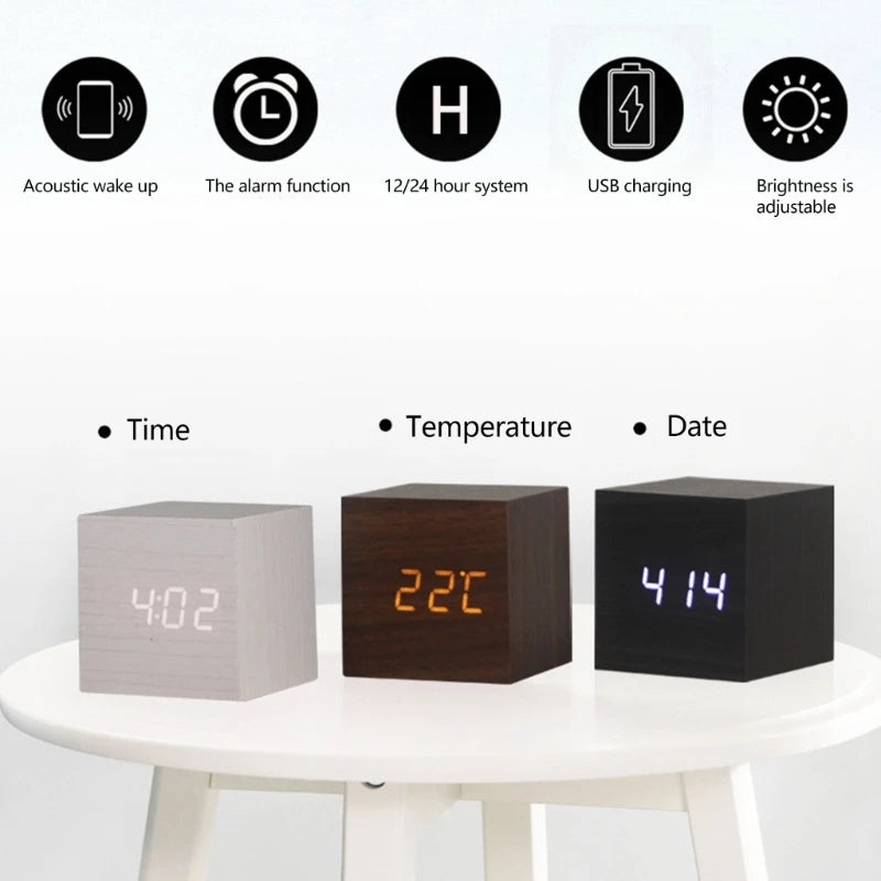 Wooden Cube Alarm Clock | Voice Control | Modern Minimalist | Bedroom | Home Decor