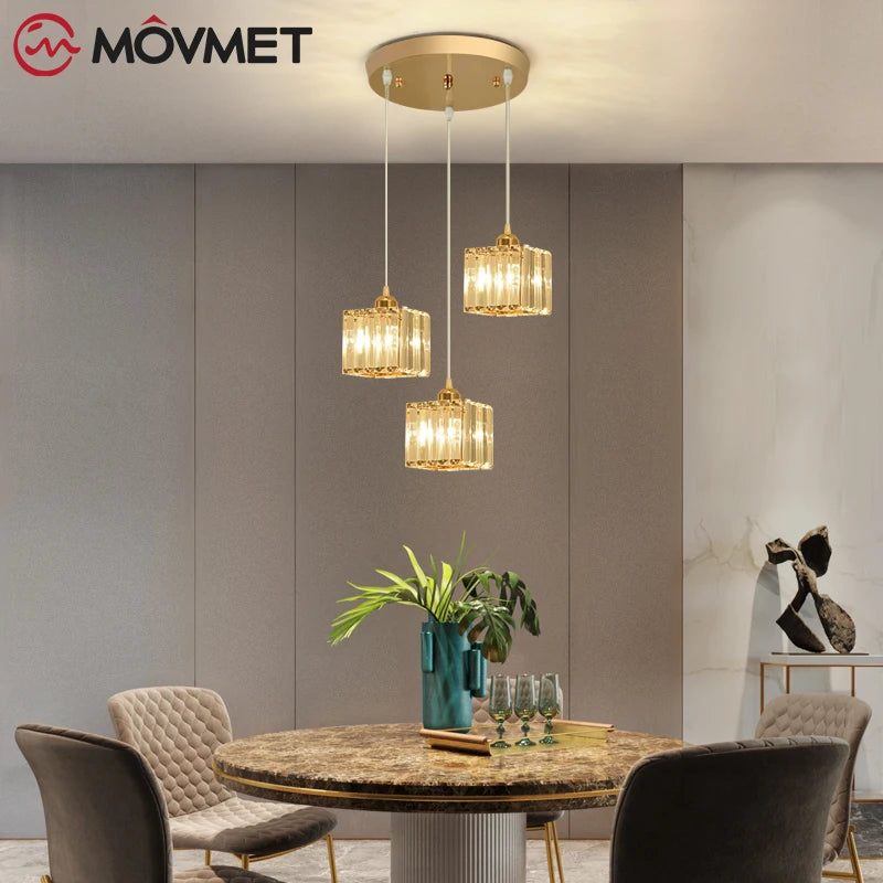 "Crystal LED Pendant Lamp – Gold Glass Chandelier for Dining Room & Living Spaces"