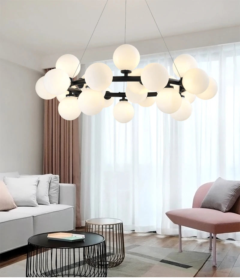 "Nordic Glass Ball LED Chandelier – Modern Pendant Light for Home Decor"