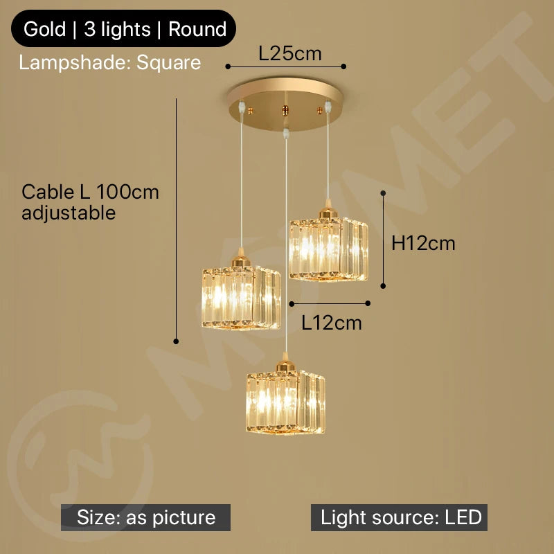 "Crystal LED Pendant Lamp – Gold Glass Chandelier for Dining Room & Living Spaces"