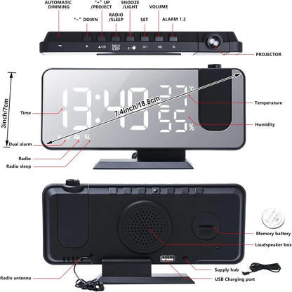 Digital Alarm Clock with Projection | LED Display | FM Radio | Temperature | Humidity | Adjustable Brightness