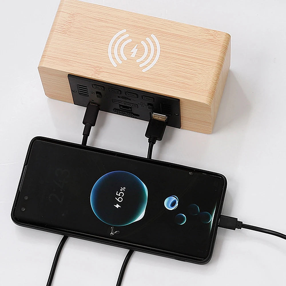 Multifunctional Wooden Desk Clock | Wireless Charger | Temperature Monitor | LED Light | Perpetual Calendar