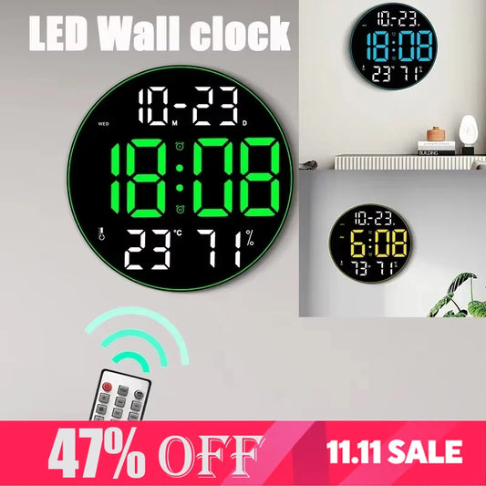 "12-Inch LED Round Wall Clock – Time, Date, Temperature & Humidity Display with Alarm"