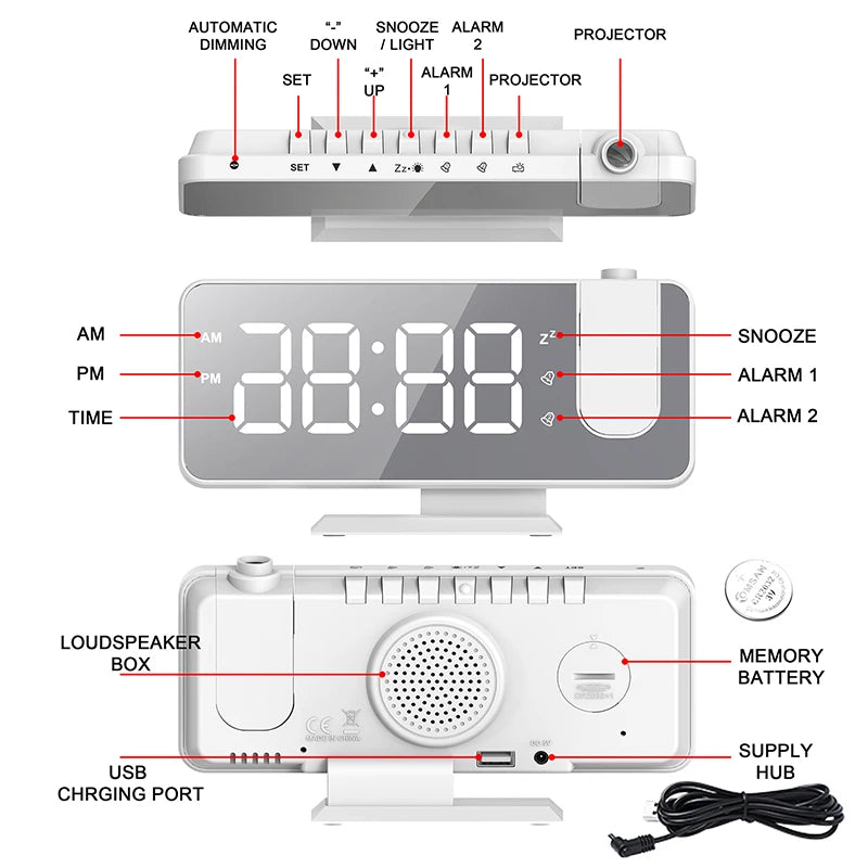 Digital Alarm Clock with Projection | LED Display | FM Radio | Temperature | Humidity | Adjustable Brightness