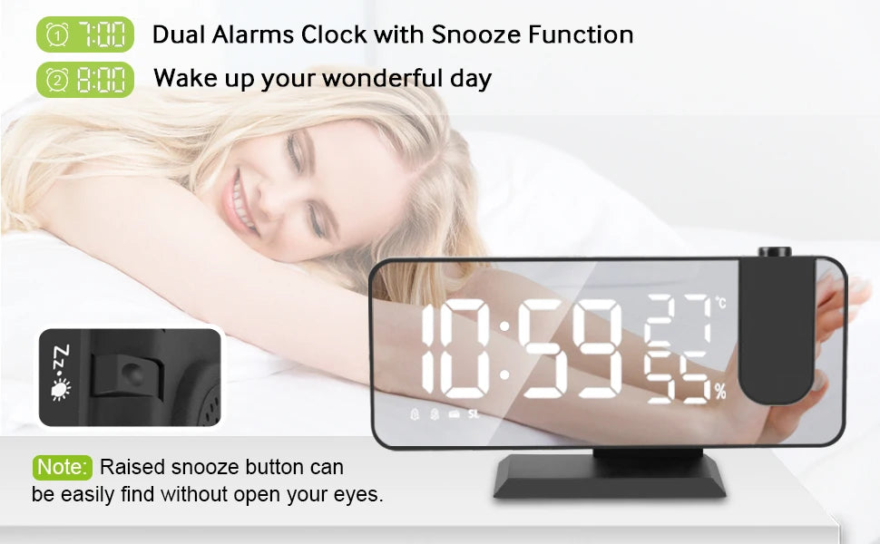 Digital Alarm Clock with Projection | LED Display | FM Radio | Temperature | Humidity | Adjustable Brightness